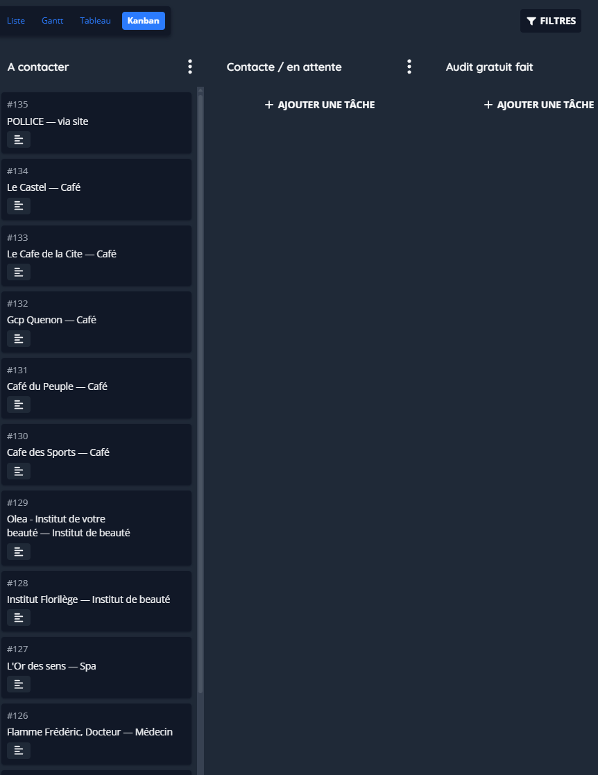 Pipeline commercial Kanban avec les fiches prospects créées automatiquement